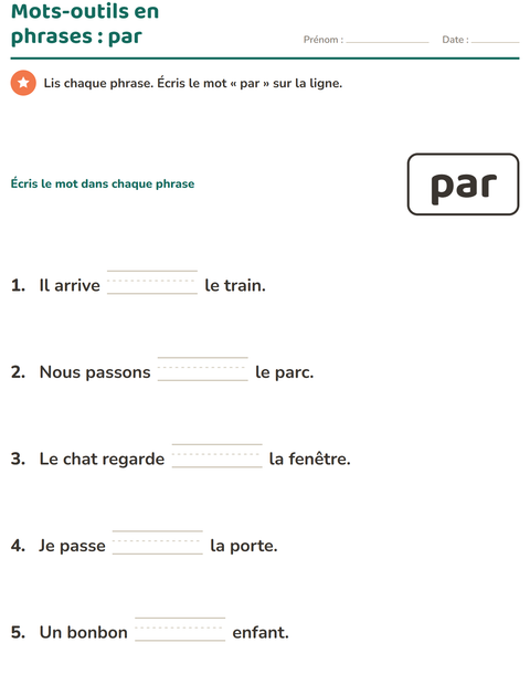 Aperçu de la fiche Mots-outils pour École maternelle (grande section, 5-7 ans)