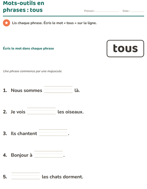 Aperçu de la fiche Mots-outils pour École maternelle (grande section, 5-7 ans)
