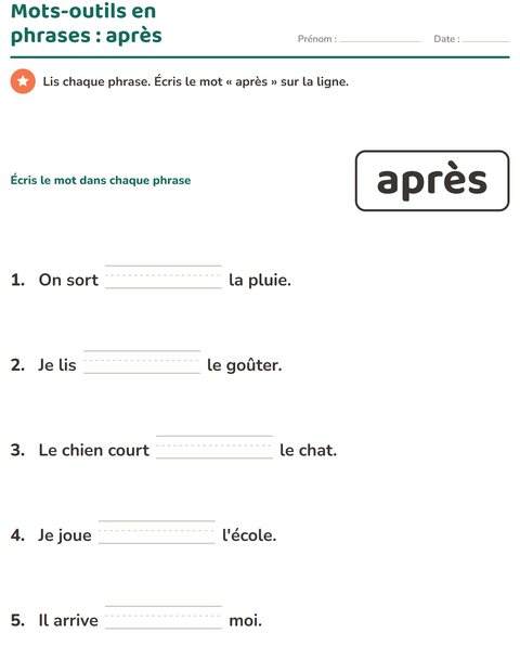 Aperçu de la fiche Mots-outils pour École maternelle (grande section, 5-7 ans)