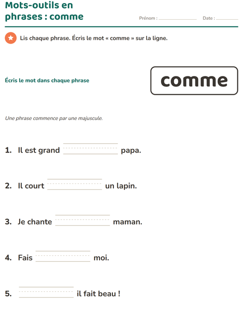 Aperçu de la fiche Mots-outils pour École maternelle (grande section, 5-7 ans)