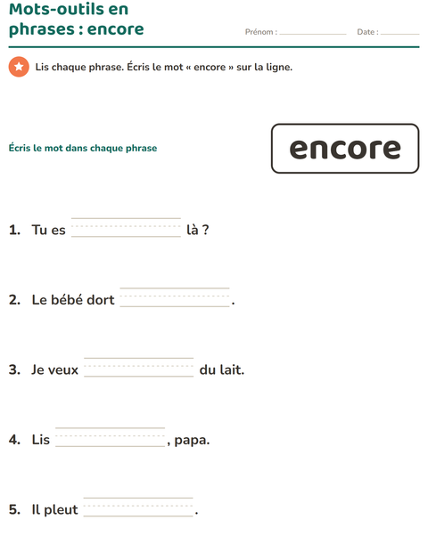 Aperçu de la fiche Mots-outils pour École maternelle (grande section, 5-7 ans)