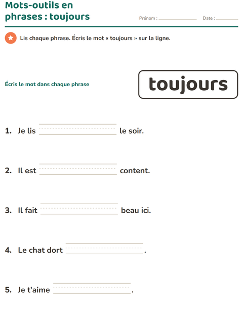 Aperçu de la fiche Mots-outils pour École maternelle (grande section, 5-7 ans)