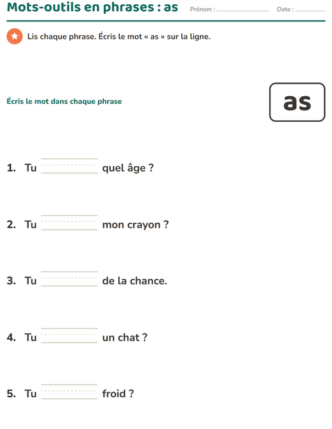 Aperçu de la fiche Mots-outils pour École maternelle (grande section, 5-7 ans)