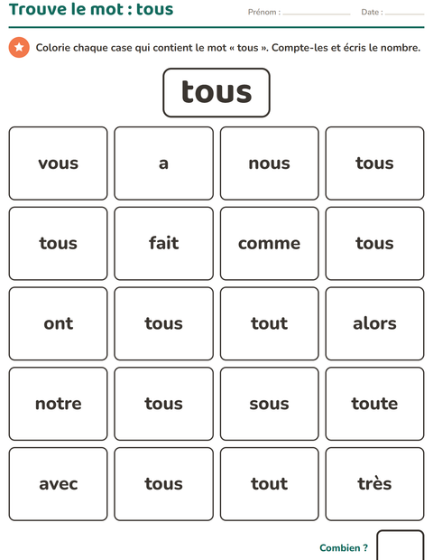 Aperçu de la fiche Mots-outils pour École maternelle (grande section, 5-7 ans)