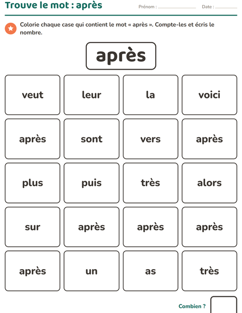 Aperçu de la fiche Mots-outils pour École maternelle (grande section, 5-7 ans)