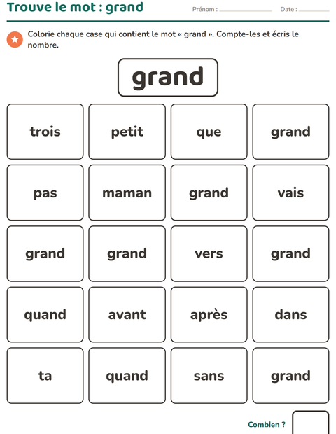 Aperçu de la fiche Mots-outils pour École maternelle (grande section, 5-7 ans)