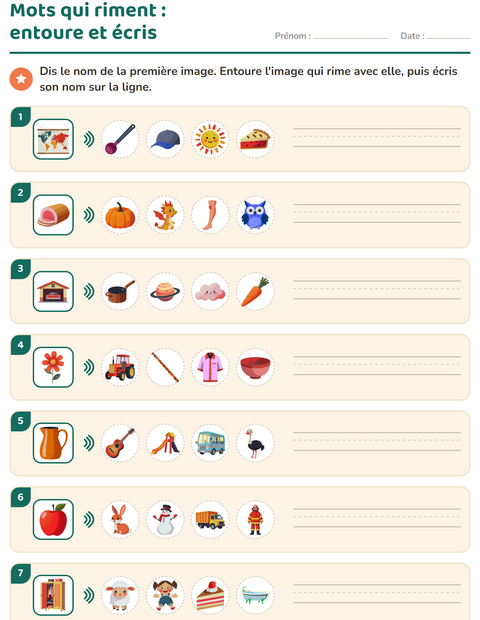 Aperçu de la fiche Mots qui riment pour CP (cours préparatoire)