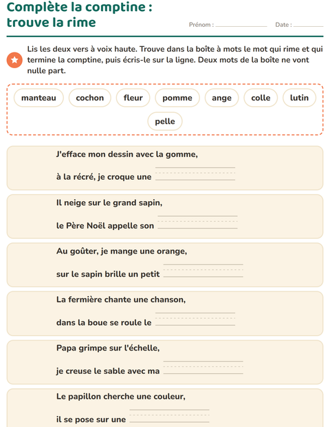 Aperçu de la fiche Mots qui riment pour CP (cours préparatoire)