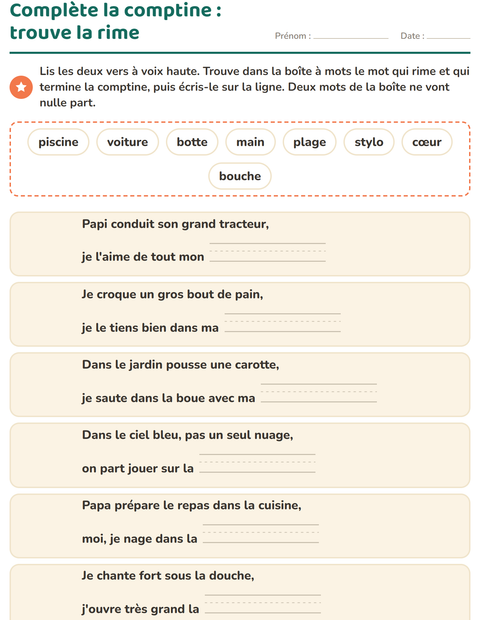 Aperçu de la fiche Mots qui riment pour CP (cours préparatoire)