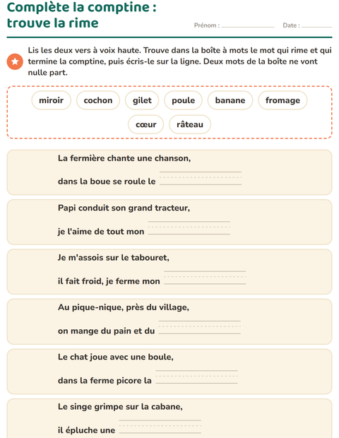 Aperçu de la fiche Mots qui riment pour CP (cours préparatoire)