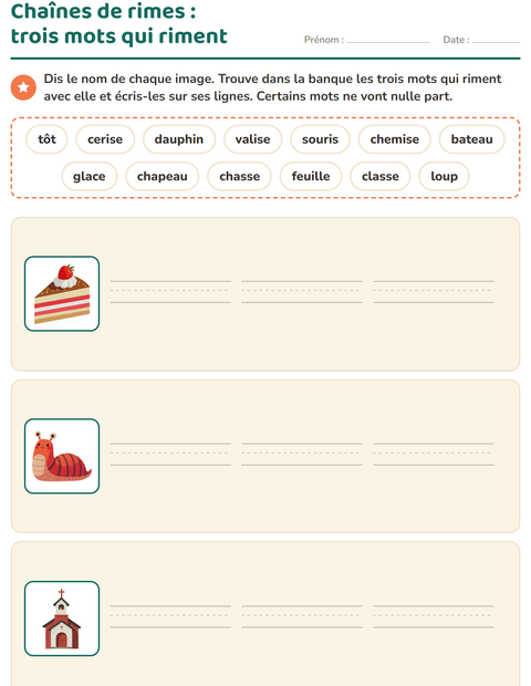 Aperçu de la fiche Mots qui riment pour CP (cours préparatoire)