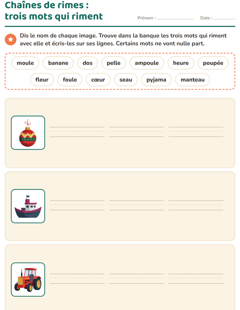 Aperçu de la fiche Mots qui riment pour CP (cours préparatoire)