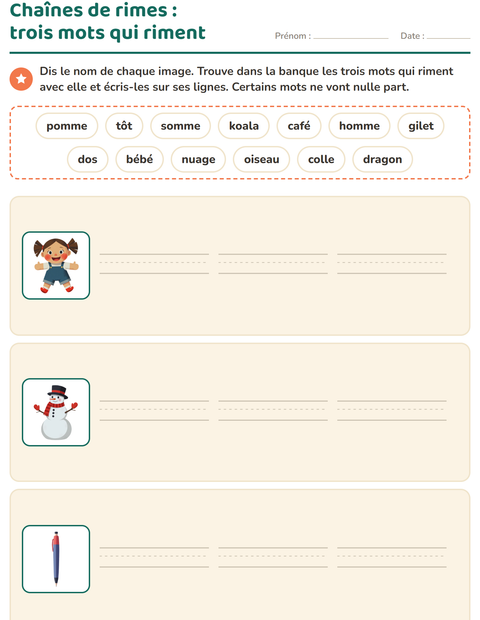 Aperçu de la fiche Mots qui riment pour CP (cours préparatoire)
