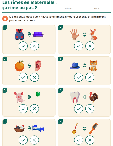 Aperçu de la fiche Mots qui riment pour École maternelle (grande section, 5-7 ans)