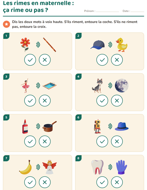 Aperçu de la fiche Mots qui riment pour École maternelle (grande section, 5-7 ans)