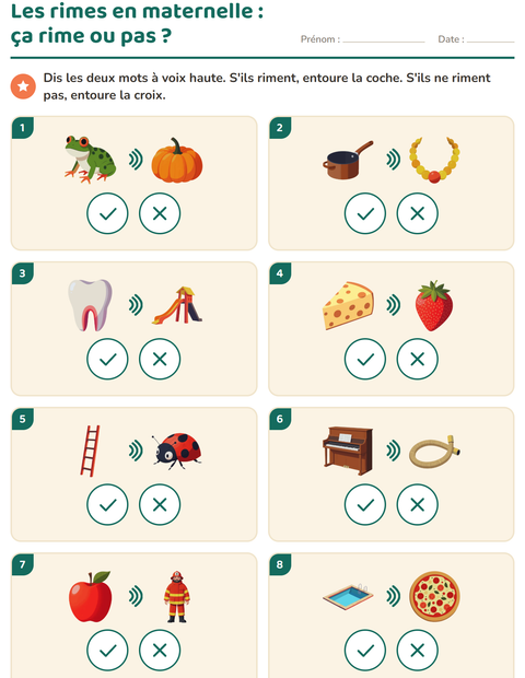 Aperçu de la fiche Mots qui riment pour École maternelle (grande section, 5-7 ans)