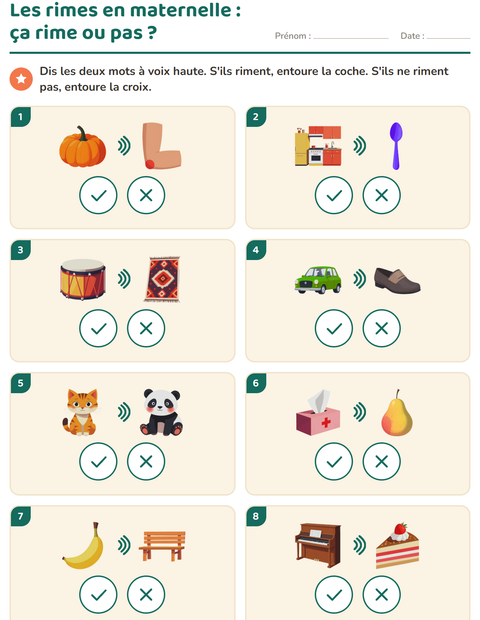 Aperçu de la fiche Mots qui riment pour École maternelle (grande section, 5-7 ans)