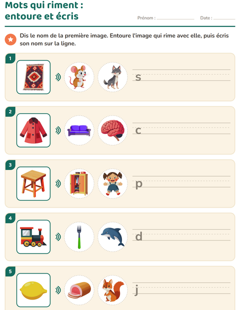 Aperçu de la fiche Mots qui riment pour CP (cours préparatoire)