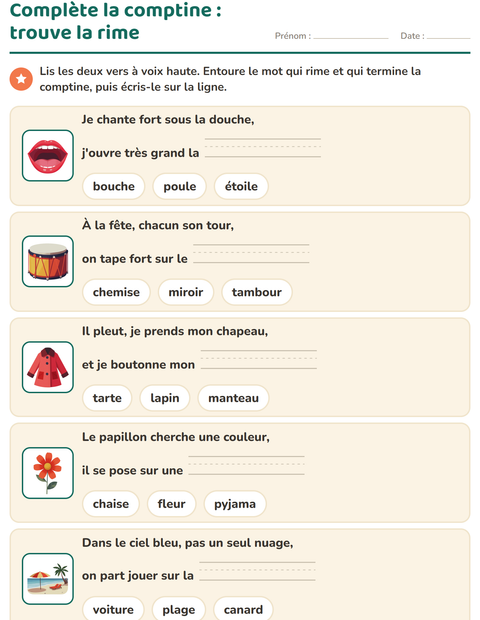 Aperçu de la fiche Mots qui riment pour CP (cours préparatoire)