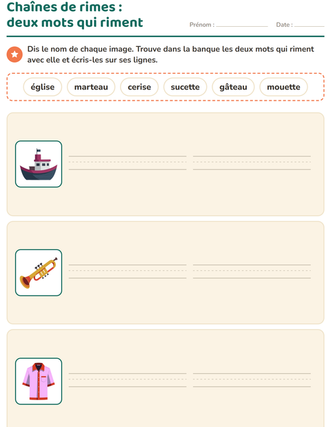Aperçu de la fiche Mots qui riment pour CP (cours préparatoire)