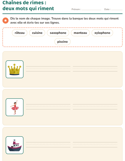 Aperçu de la fiche Mots qui riment pour CP (cours préparatoire)