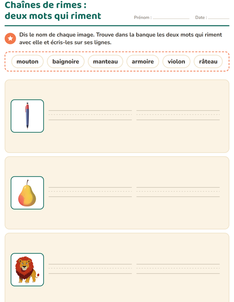 Aperçu de la fiche Mots qui riment pour CP (cours préparatoire)