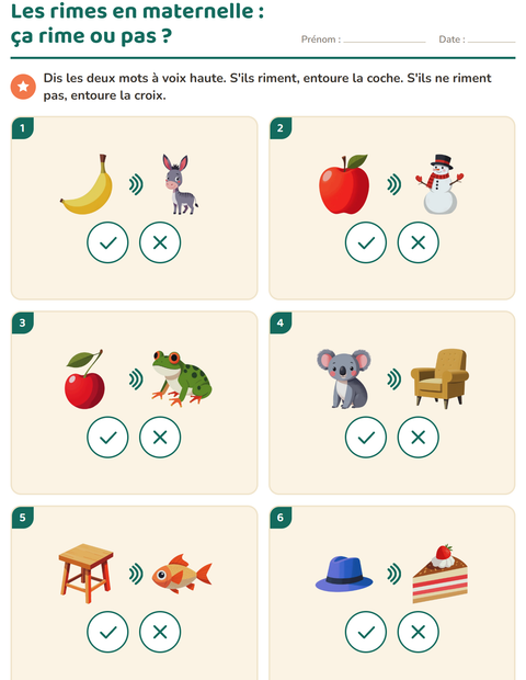 Aperçu de la fiche Mots qui riment pour École maternelle (grande section, 5-7 ans)