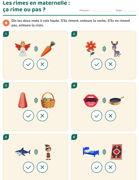 Aperçu de la fiche Mots qui riment pour École maternelle (grande section, 5-7 ans)