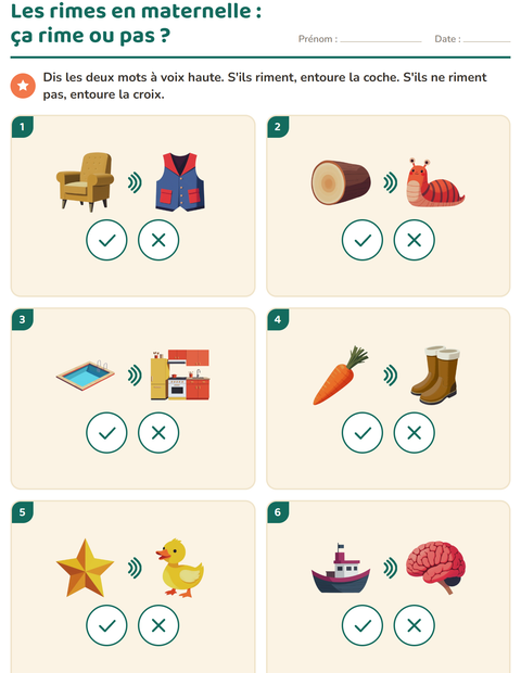 Aperçu de la fiche Mots qui riment pour École maternelle (grande section, 5-7 ans)