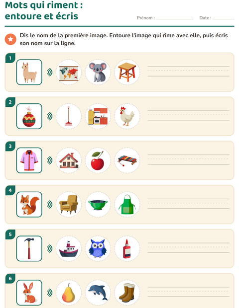 Aperçu de la fiche Mots qui riment pour CP (cours préparatoire)