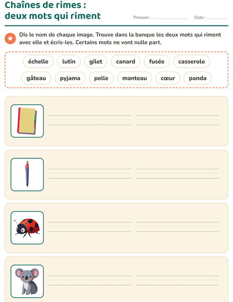 Aperçu de la fiche Mots qui riment pour CP (cours préparatoire)