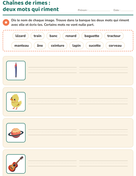 Aperçu de la fiche Mots qui riment pour CP (cours préparatoire)