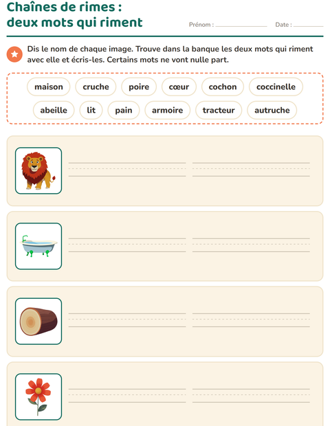 Aperçu de la fiche Mots qui riment pour CP (cours préparatoire)