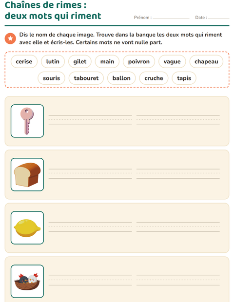 Aperçu : Chaînes de rimes : deux mots qui riment pour chaque image, et des mots qui ne vont nulle part