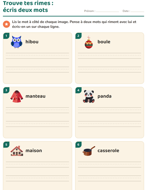 Aperçu de la fiche Mots qui riment pour CP (cours préparatoire)