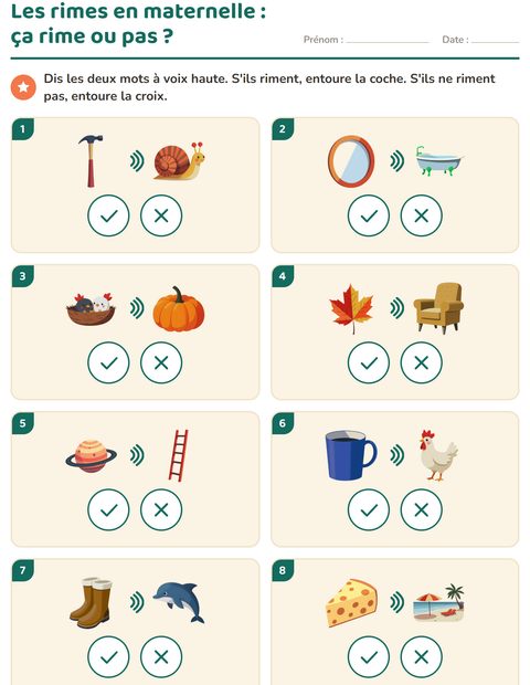 Aperçu de la fiche Mots qui riment pour École maternelle (grande section, 5-7 ans)