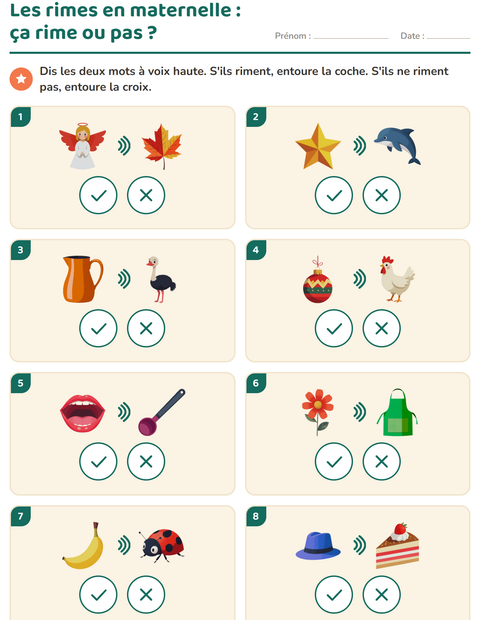Aperçu de la fiche Mots qui riment pour École maternelle (grande section, 5-7 ans)