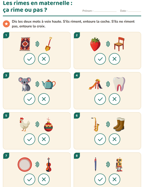 Aperçu de la fiche Mots qui riment pour École maternelle (grande section, 5-7 ans)