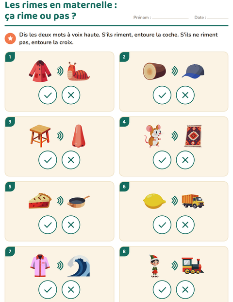 Aperçu de la fiche Mots qui riment pour École maternelle (grande section, 5-7 ans)