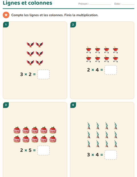 Aperçu de la fiche Multiplication en réseaux avec 4 juillet pour CE1 (cours élémentaire 1)