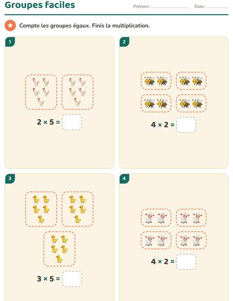 Aperçu de la fiche Multiplication en réseaux avec Animaux de la ferme pour CE1 (cours élémentaire 1)