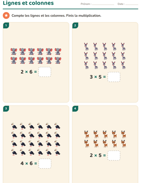Aperçu de la fiche Multiplication en réseaux avec Animaux pour CE1 (cours élémentaire 1)