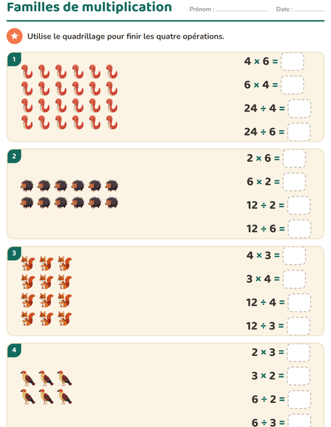 Aperçu de la fiche Multiplication en réseaux avec Créatures de la forêt pour CE2 (cours élémentaire 2)