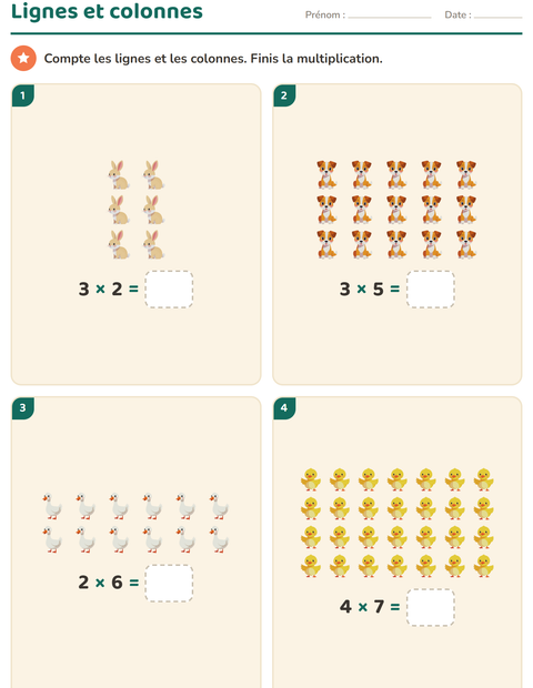 Aperçu de la fiche Multiplication en réseaux avec Animaux de la ferme pour CE1 (cours élémentaire 1)