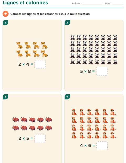 Aperçu de la fiche Multiplication en réseaux avec Animaux du zoo pour CE1 (cours élémentaire 1)