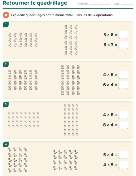 Aperçu de la fiche Multiplication en réseaux avec Animaux du zoo NB pour CE2 (cours élémentaire 2)