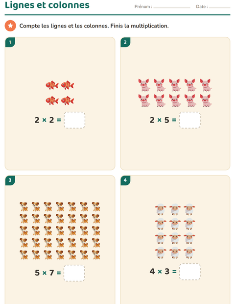 Aperçu de la fiche Multiplication en réseaux avec Animaux pour CE1 (cours élémentaire 1)
