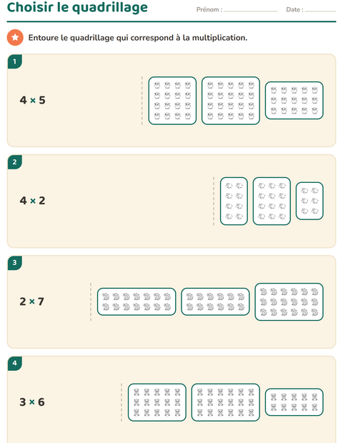 Aperçu de la fiche Multiplication en réseaux avec Animaux NB 2 pour CE1 (cours élémentaire 1)
