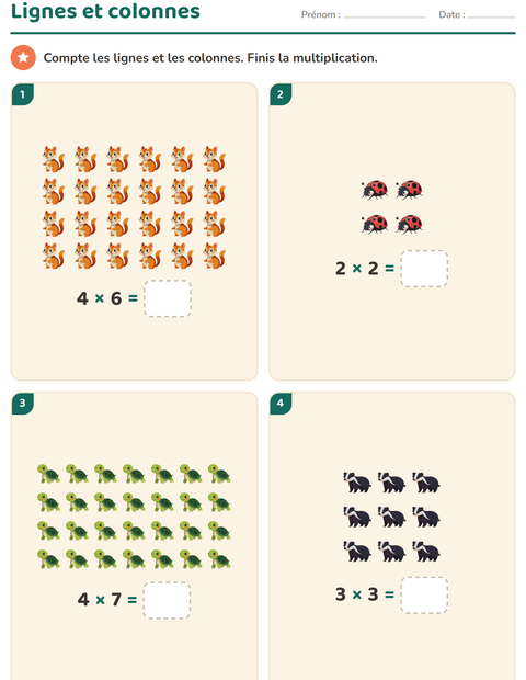Aperçu de la fiche Multiplication en réseaux avec Créatures de la forêt pour CE1 (cours élémentaire 1)