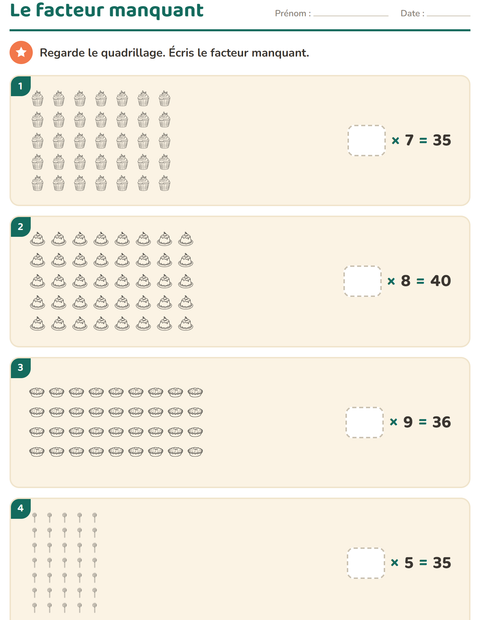 Aperçu de la fiche Multiplication en réseaux avec Dessert (N&B) pour CE2 (cours élémentaire 2)